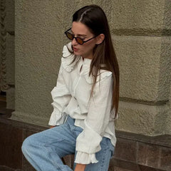 Cyflymder Cotton Spliced Ruffled White Shirts for Women Peter Pan Collar Lantern Sleeve Patchwork Buttons Shirt Autumn Style