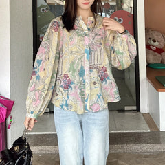 Cyflymder Vintage French Style Floral Shirt Blouse Painted Long Sleeves O-neck Bohemian Vocation Casual Ladies Women Shirt Tops