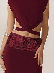 Cyflymder Elegant Shiny Splicing Slim Suit Fashion O-neck Cross Hollow Tops & Long Skirt Set Women Casual Sleeveless Solid 2 Piece Outfits