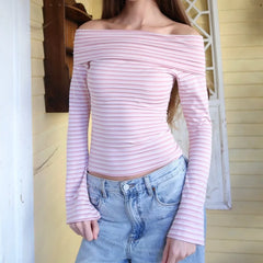 Cyflymder Women Striped Long Sleeve Shirts Fold-Over Off Shoulder Tops Going Out Crop Sexy Slim Fitted Y2K Fall Outfits Fashion Clothes