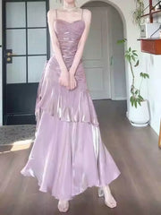 Cyflymder Green Dress Pleated V-neck Suspender Long Skirt Niche High-end Fishtail Skirt Gorgeous Shiny Adult Gown Homecoming Dresses