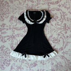 Cyflymder French Elegant Sweet Constrast Color Lace O Neck Short Sleeve Dress Harajuku Y2k Slim Bow Appliques Short Dress Harajuku Clothes