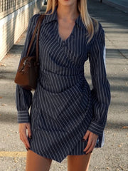 Cyflymder Chic Blue & White Striped Shirt Dress Women Fashion Turn Down Collar Long Sleeve Pleats Slim Asymmetrical Hem Mini Dress
