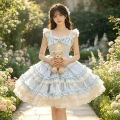 Cyflymder Pink Japanese Sweet Lolita Style Jsk Dress Women Retro Elegant Lace Ruffles Bow Strap Princess Dresses Y2k Cute Party Mini Dress