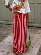 Cyflymder Ladies Pants Oversized Casual Striped Trousers Colorblocked Printed Straight Slacks Versatile Relaxed Elastic Bottoms
