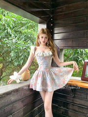 Cyflymder Boho Ruffles Prined Floral Mini Dress For Women Slim Fit Korean Fashion Holiday Beach Sexy Summer Dress Straps Cute Party Dress