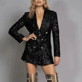 Cyflymder New European-style Fashionable Lady's V-neck Formal Jacket with Double Button Fastening Black Sequin Trim Fitted Long Coat