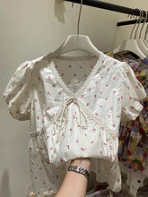 Cyflymder Cherry Print Puff Sleeve Blouse Women Summer V Neck Bow Tie Spliced Lace Shirts Japanese Sweet All Match Y2k Tops