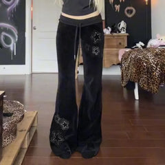 Cyflymder Euramerican Spice Woemn Star Hot Diamond Print Casual Pants Y2k Spliced Low Waist Drawstring Trousers Harajuku Velvet Flare Pant