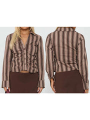 Cyflymder Women s Casual Fit Button Down Shirt with Stylish Striped Lapel and V Neck Design Perfect for Fall Season