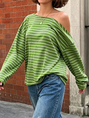 Cyflymder Color Block Striped Off-shoulder Women Tops Skew Collar Long Sleeve Loose Fashion Casual T-shirts Streetwear Summer Tees