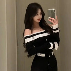 Cyflymder Sexy Boat Neck Bag Hip Dress Women Autumn Patchwork Sleeveless Sheath Knit Dress French Fashion Button Mini Sweater Dress A147