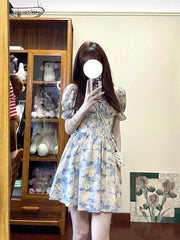 Cyflymder Lazy Style French Style Square Collar Puff Sleeve Floral Dress Women's Summer Holiday Style Tight Waist A- Line Short Skirt