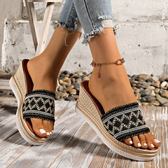 Cyflymder Bohemian Striped Braided Wedge Sandals Women Summer Thick Sole Outdoor Beach Slides Woman Plus Size Fashion Platform Slippers