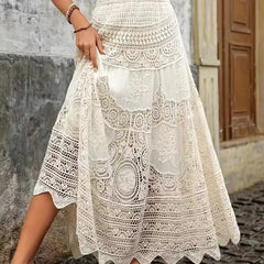 Cyflymder Bohemian Style Hollow out Lace Half Skirt Women's Vacation Wear High Waist Flared Umbrella Skirt Cotton Polyester Knitted Long