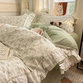 Cyflymder Princess Style Lace Ruffles 100% Cotton Bedding Set Floral Pastoral Style Duvet Cover Flat/Fitted Bed Sheet Pillowcases 3/4Pcs