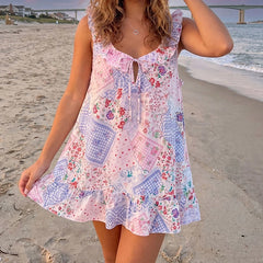 Cyflymder Women French Floral Babydoll Dress Cottage Loose Ruffle Trim Sleeveless Mini Dress Beach Vacation Flowy A-line Dress