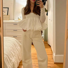 Cyflymder Women's Elegant Bubble Bud Shirts Tops Backless Frill Hem Square Neck Long Sleeve Crop Tops for Daily Work Office Fashion Tees