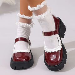 Cyflymder Fashion Wine Red MARY JANE Shoes for Women Ankle Buckle Chunky Platform High Heeled Pumps Woman Patent Leather Party Dress Shoes