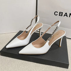 Cyflymder 8cm Ultra High Heels Diamond Shoes Woman Stiletto Pumps Solid Leather Sandals OL Ladies Office Slingback Tacones Mujer Escarpins