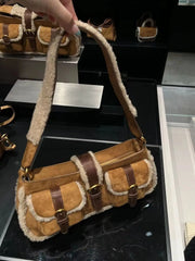 Cyflymder Retro Lamb Patchwork Brown Shoulder Bag Women Vintage Pocket Chic Y2k Handbag Female Hot Girls Casual Underarm Bag 2025