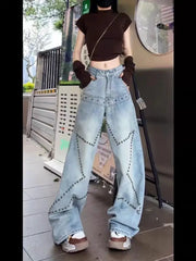 Cyflymder American Retro Rivet Straight Jeans Women's Fashion Design Spice Girl Loose Wide-leg Pants Baggy Jeans