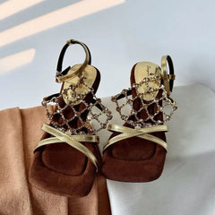 Cyflymder Temperament High Heels Women Summer Square Toe Open Toe Rhinestone Metal Mesh Strap Alien Heel Roman Sandals,Fashion,35-40