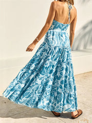 Cyflymder Elegant Floral Print Sleeveless Halter Neck Maxi Dress with Open Back and Hollow Out Detail for Summer Events and Parties