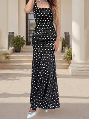 Cyflymder Elegant Floral Print Maxi Dress Women s Summer Sleeveless Square Neck Bodycon Ruffle Dress with Polka Dot Pattern