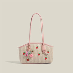 Cyflymder Sweet Cute Strawberry Tote Bag Pastoral Holiday Vacation Style Handbag Women Large Capacity Commuter Shoulder Crossbody Bag 2025