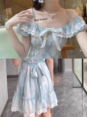 Cyflymder Artistic Short Skirt Dress Women's Summer Dopaamine First Love Pure Blue Floral Puffy Cake Dress Milk Breathiness