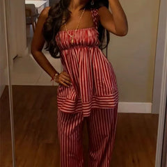 Cyflymder Women Summer Y2K Striped Pajamas Set Tie Shoulder Ruffle Tank Tops and Straight Pants 2 Piece Casual Vacation Beach Outfit