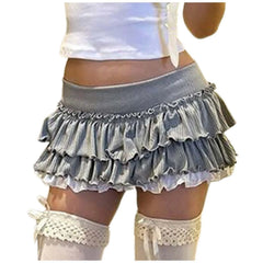 Cyflymder Y2K Sweet Ruffles Mini Skirt Women Kawaii Lolita Lace Bow A-Line Skirts Harajuku Japanese High Waist Grey Ball Gown Skirt