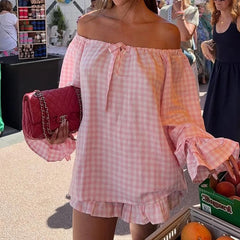 Cyflymder Vintage Plaid Pajama Set Elegant Lady Off Shoulder Tops + Ruffle Shorts Women 2 Piece Lounge Outfit Loose Sleepwear