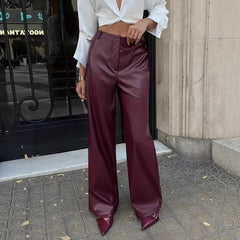 Cyflymder Fashion Button Red Wine Straight Pants Women High Waist Zipper Fly PU Leather Spring Summer Elegant Solid Color Slim Trousers