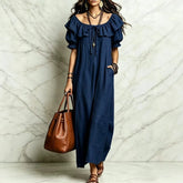Cyflymder Summer Woman Dress Round Neck Short Sleeve Ruffle Dresses Women's Summer Loose Fit Maxi Dress Chiffon Boho Style Casual Dress