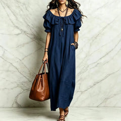 Cyflymder Summer Woman Dress Round Neck Short Sleeve Ruffle Dresses Women's Summer Loose Fit Maxi Dress Chiffon Boho Style Casual Dress