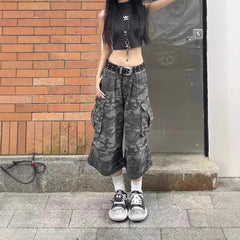 Cyflymder American Retro Camouflage Denim Shorts Women Summer Spicy Low Waist Loose Multi Pocket Workwear Short Pants Trendy