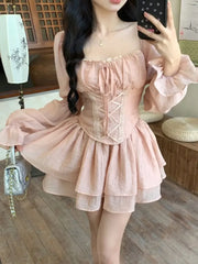 Cyflymder Autumn Fashion Slim Square Neck Dress Women Sweet Cute Puff Sleeve Short Dress Female Pretty Fairy Solid Bandage Ruffle Dresses