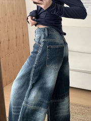 Cyflymder Blue Washed Distressed Jeans Women Wide Leg High Waist Barrel-leg Denim Trousers American Style Baggy Casual Basic