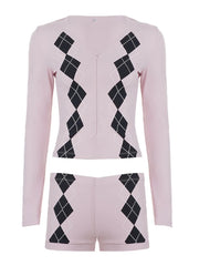 Cyflymder Fashion Argyle Print Matching Set Women's Zip-up Front V-Neck Long Sleeve T Shirt&Shorts 2 Piece Outfit Casual Lounge Wear
