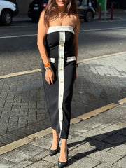 Cyflymder Elegant Black Strapless Sleeveless Backless Long Dress for Women Summer Fashion Buttons Decor Slim Fit Female Dress