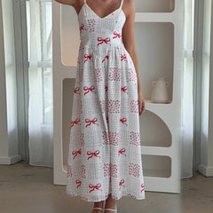 Cyflymder Women Summer Holiday Beach Long Slip Dress Spaghetti Straps Deep V-neck Backless Bow Floral Print Swing Dresses