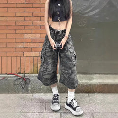 Cyflymder American Retro Camouflage Denim Shorts Women Summer Spicy Low Waist Loose Multi Pocket Workwear Short Pants Trendy