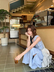 Cyflymder Dusty Blue Mixed Lace Cutout Sundress Women Waist Defined Sleeveless Flowy Summer Embroidered Tiered Hem Floral Print