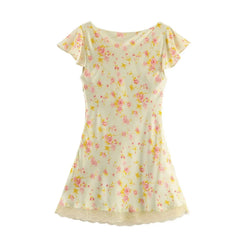 Cyflymder Sweet Yellow Print Mini Slim Dress Lace Satin Short Dress New Spring Autumn Fashion Party Dinner Holiday Lady Dres