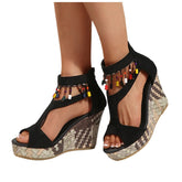 Cyflymder Women's Fashion Slope Heel Sandal Tassels Hollowed Out Elastic Strap Thick Bottom Height Increase Open Toe Woven Vintage Sandals