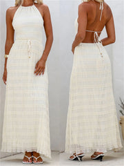 Cyflymder Elegant V-Neck Maxi Dress with Ruffle Detail and Adjustable Waist Tie Sleeveless Summer Beach Dress for Women
