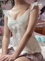 Cyflymder Sweet Bow Bandage Folds Tank Tops Holiday Casual Slim Solid Square Collar V-Neck Tops Women 2025 Summer Fashion Lady