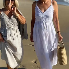 Cyflymder V-neck Lace Patchwork Holiday Dress Fashion Suspender Sleeveless Summer Bohemian Dress Elegant Women's Solid Pleated Beach Dress